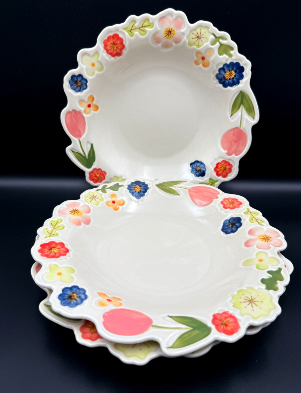 Set 3 Potter's Studio Spring Blossom Tulip 10" Dinner Shallow Soup Bowls Plates